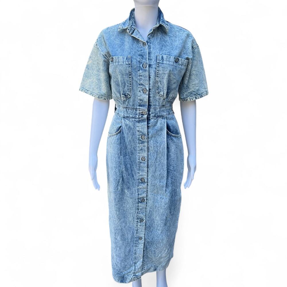 80s Vivaldi Acidwash Denim Button Up Midi Dress Women’s 8 Made in USA